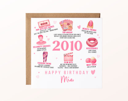 Personalisierte Geburtstagskarte Jahrgang 2010 – rosa Popkultur – Motiv mit Umschlag