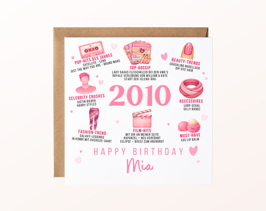 Personalisierte Geburtstagskarte Jahrgang 2010 – rosa Popkultur – Motiv mit Umschlag
