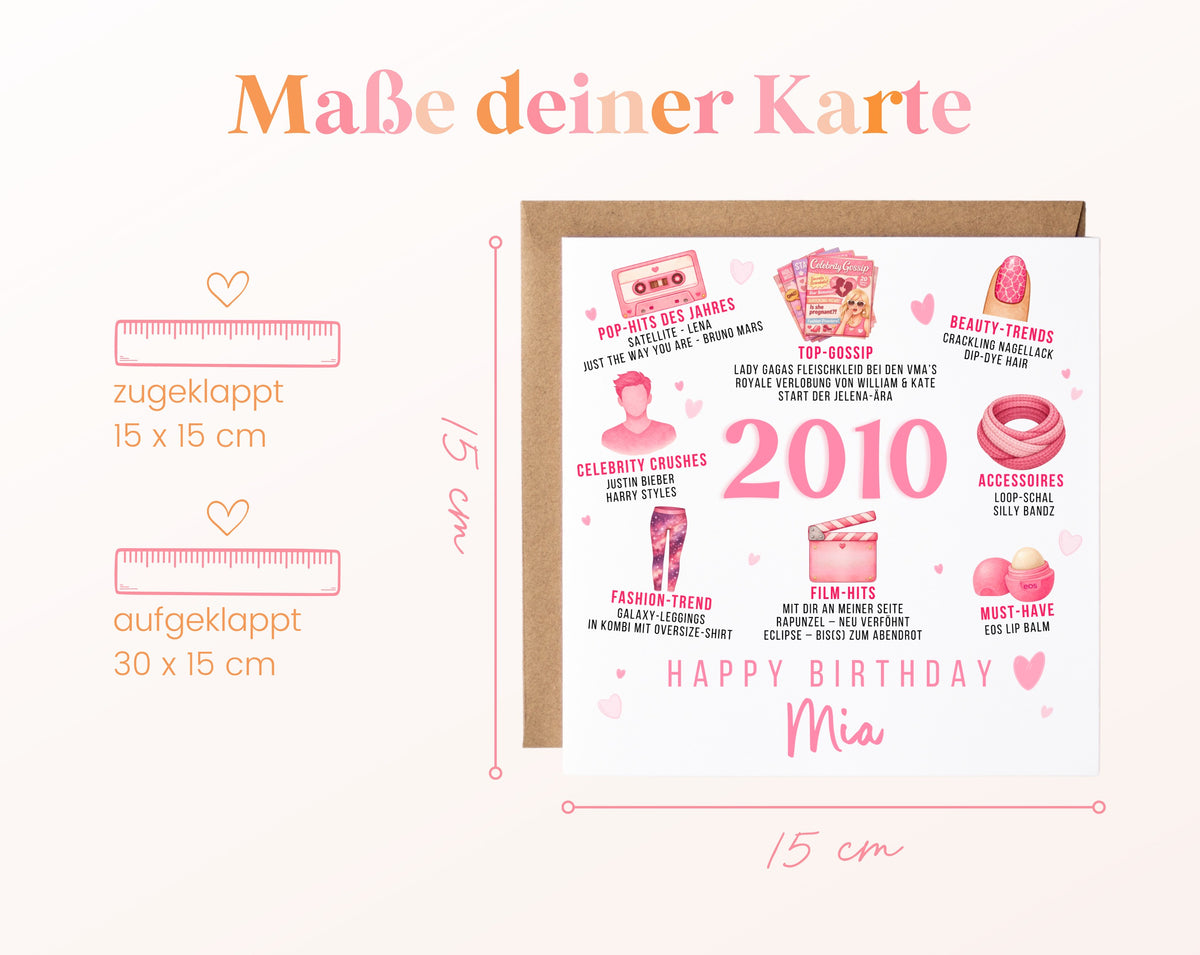 Personalisierte Geburtstagskarte Jahrgang 2010 – rosa Popkultur – Maße der Klappkarte