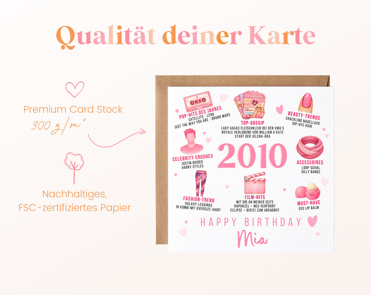 Personalisierte Geburtstagskarte Jahrgang 2010 – rosa Popkultur – Kartenpapier 300 g/m²