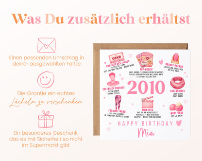 Personalisierte Geburtstagskarte Jahrgang 2010 – rosa Popkultur – Umschlag zur Karte