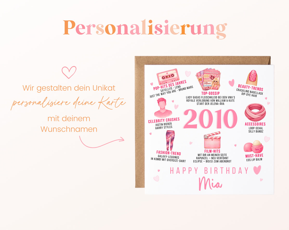 Personalisierte Geburtstagskarte Jahrgang 2010 – rosa Popkultur – Personalisierung mit Wunschname