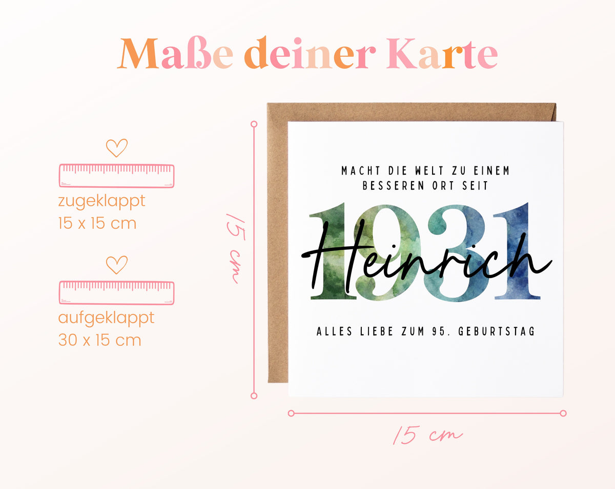 Personalisierte Geburtstagskarte Jahrgang 1931 – Maße der Klappkarte: geschlossen 15 × 15 cm