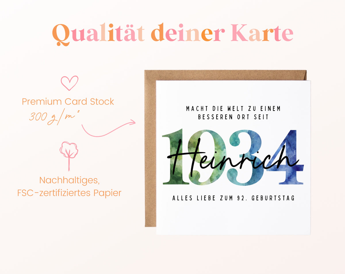 Personalisierte Geburtstagskarte Jahrgang 1934 – Kartenpapier mit 300 g/m²