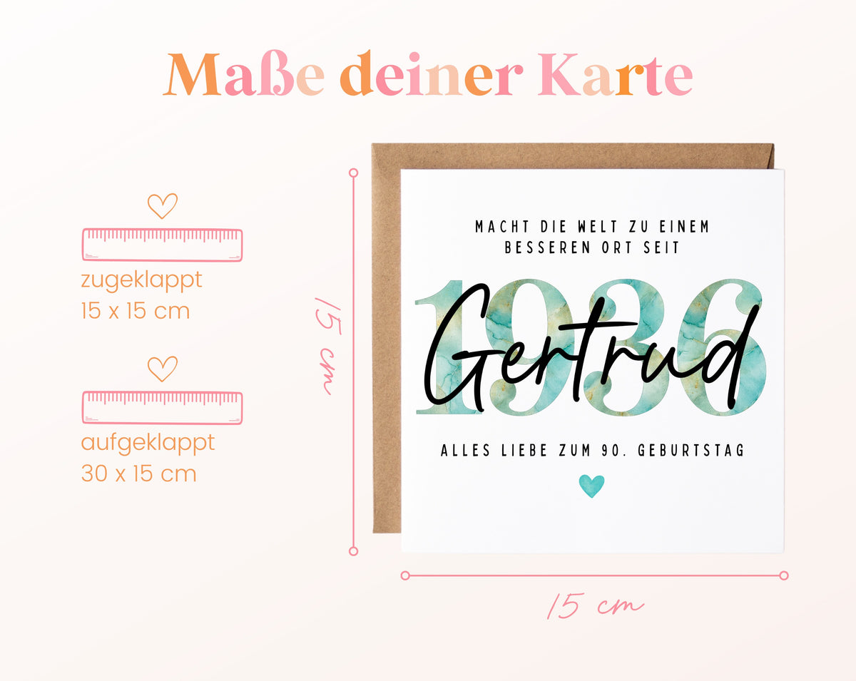 Personalisierte Geburtstagskarte Jahrgang 1936 – Maße der Klappkarte: geschlossen 15 × 15 cm