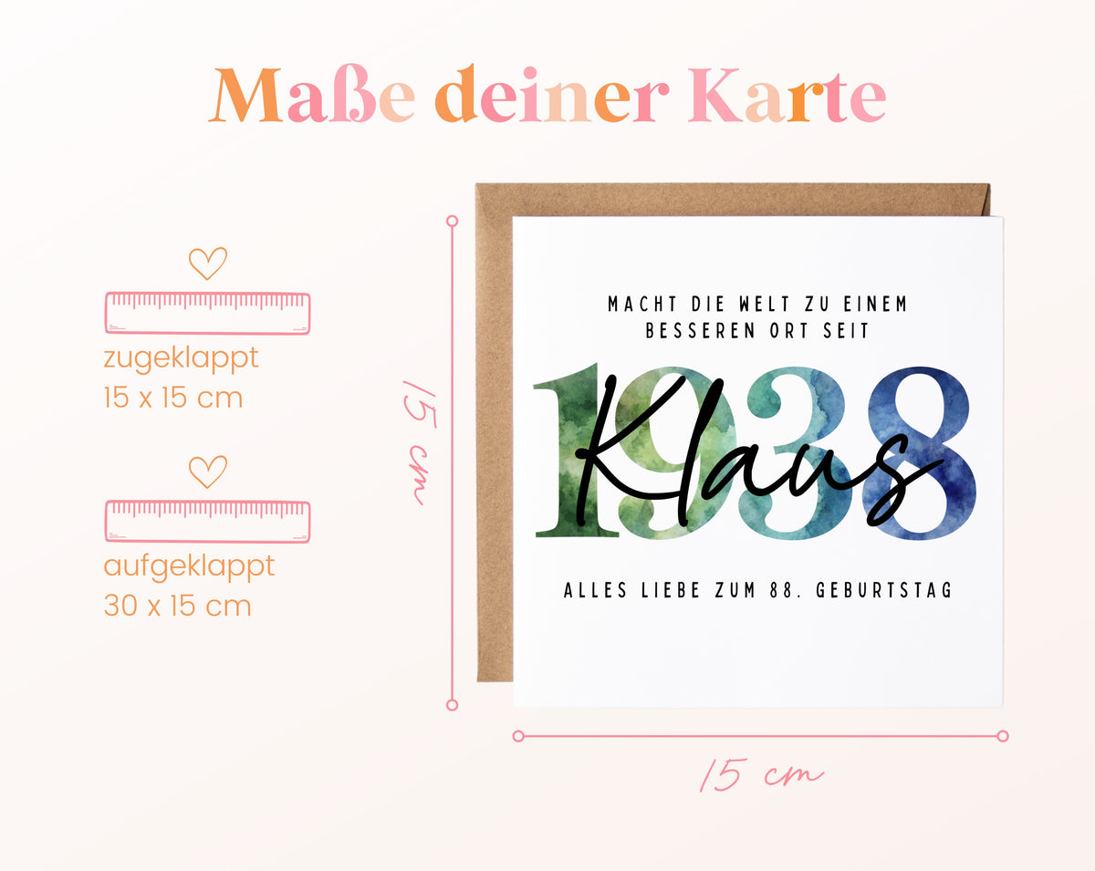 Personalisierte Geburtstagskarte Jahrgang 1938 – Maße der Klappkarte: geschlossen 15 × 15 cm