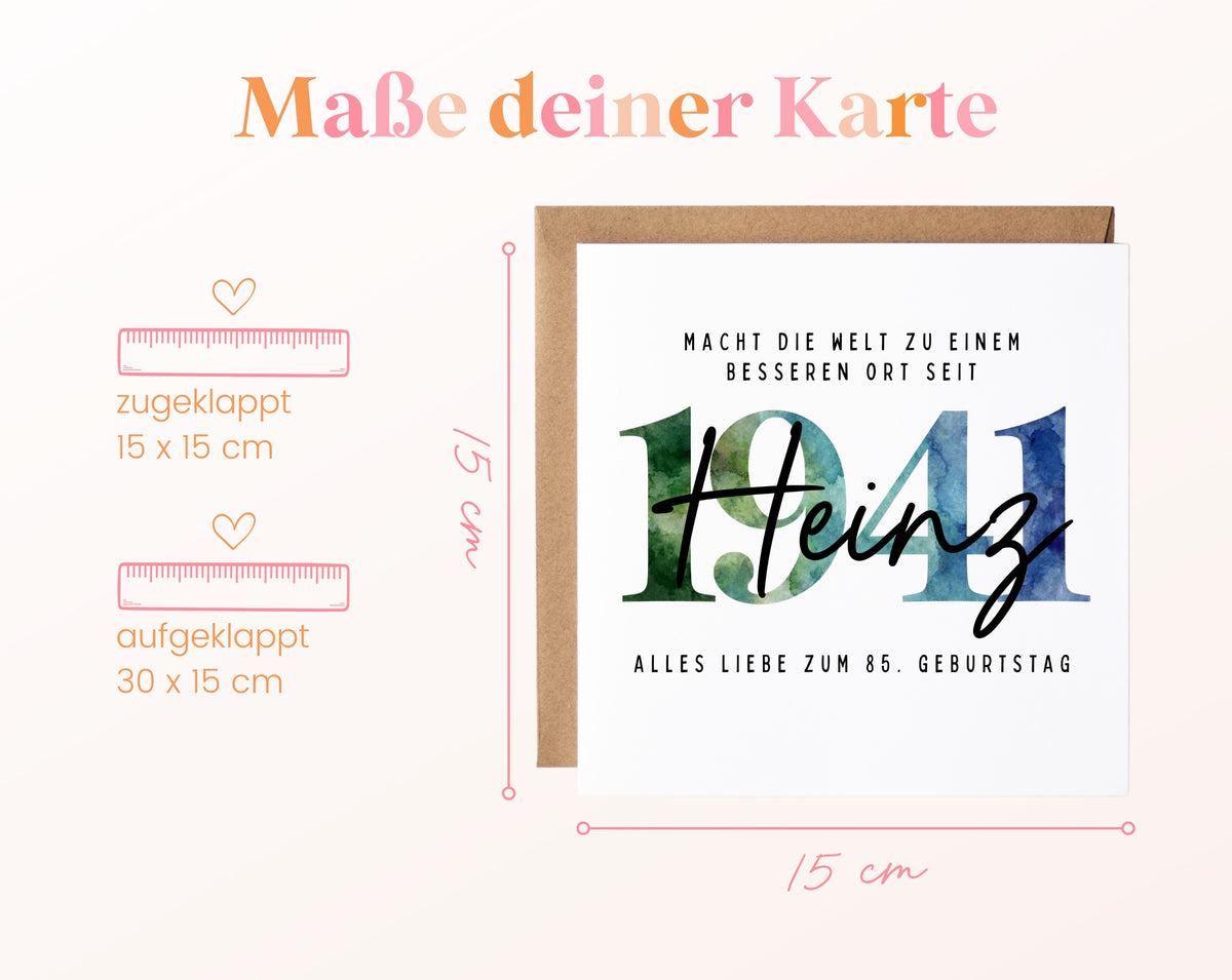 Personalisierte Geburtstagskarte Jahrgang 1941 – Maße der Klappkarte: geschlossen 15 × 15 cm