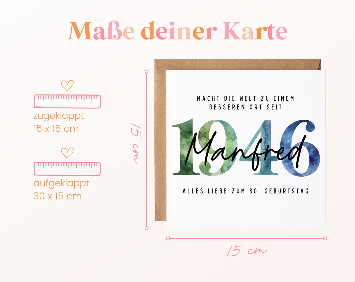 Personalisierte Geburtstagskarte Jahrgang 1946 – Maße der Klappkarte: geschlossen 15 × 15 cm