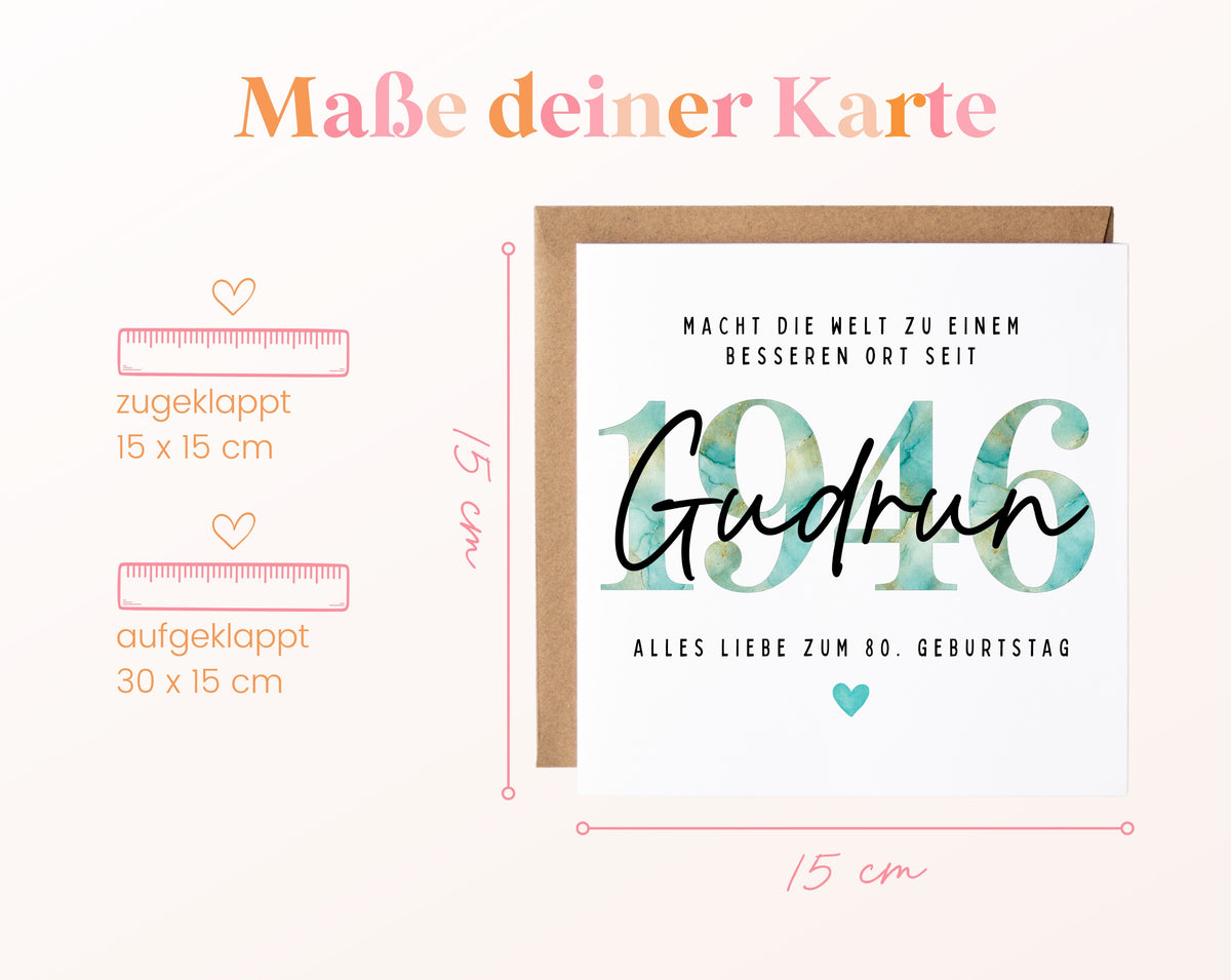 Personalisierte Geburtstagskarte Jahrgang 1946 – Maße der Klappkarte: geschlossen 15 × 15 cm