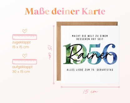 Personalisierte Geburtstagskarte Jahrgang 1956 – Maße der Klappkarte: geschlossen 15 × 15 cm