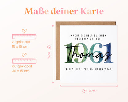 Personalisierte Geburtstagskarte Jahrgang 1961 – Maße der Klappkarte: geschlossen 15 × 15 cm
