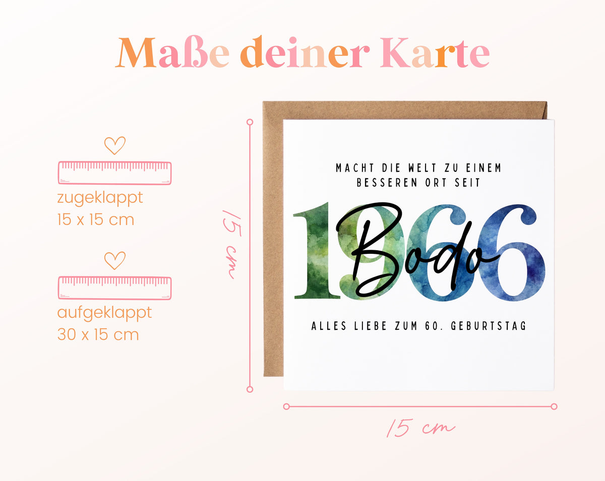 Personalisierte Geburtstagskarte Jahrgang 1966 – Maße der Klappkarte: geschlossen 15 × 15 cm