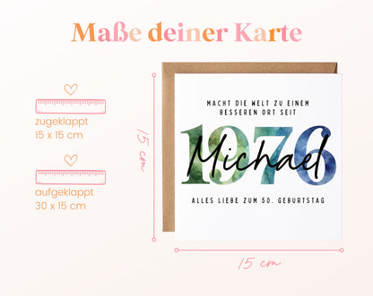 Personalisierte Geburtstagskarte Jahrgang 1976 – Maße der Klappkarte: geschlossen 15 × 15 cm