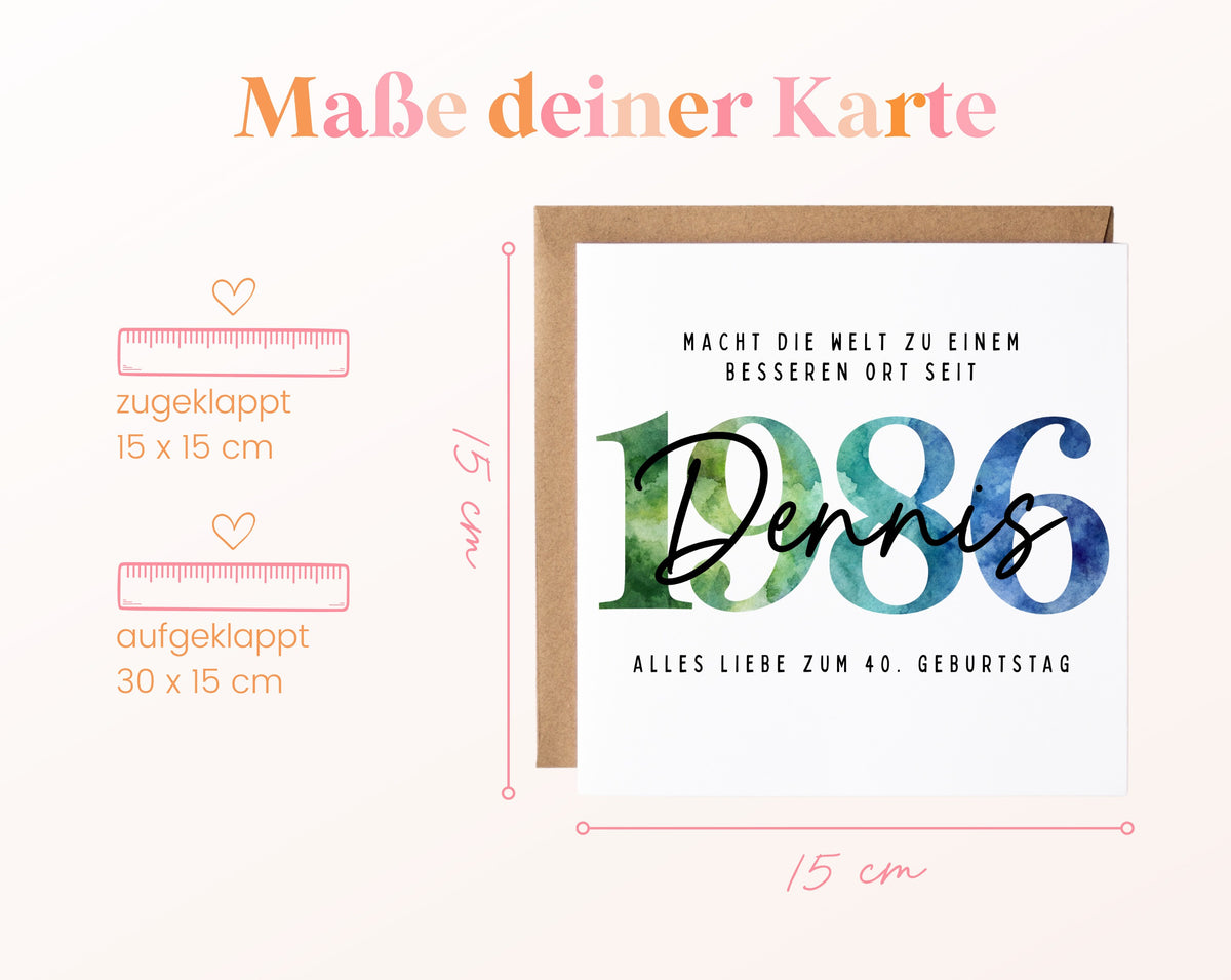 Personalisierte Geburtstagskarte Jahrgang 1986 – Maße der Klappkarte: geschlossen 15 × 15 cm