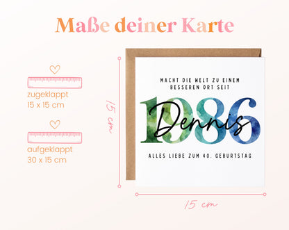 Personalisierte Geburtstagskarte Jahrgang 1986 – Maße der Klappkarte: geschlossen 15 × 15 cm