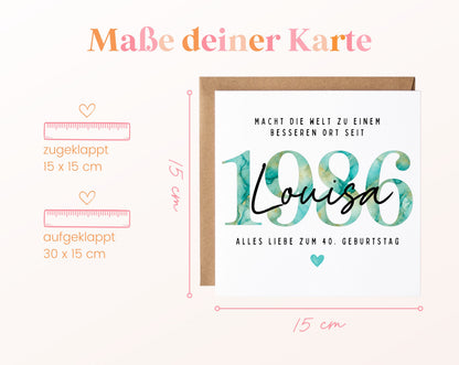 Personalisierte Geburtstagskarte Jahrgang 1986 – Maße der Klappkarte: geschlossen 15 × 15 cm