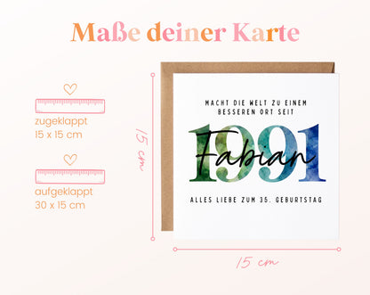 Personalisierte Geburtstagskarte Jahrgang 1991 – Maße der Klappkarte: geschlossen 15 × 15 cm