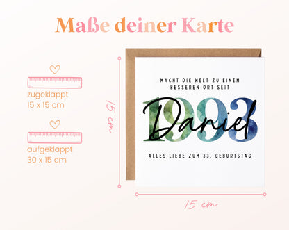 Personalisierte Geburtstagskarte Jahrgang 1993 – Maße der Klappkarte: geschlossen 15 × 15 cm