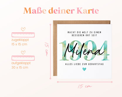 Personalisierte Geburtstagskarte Jahrgang 1994 – Maße der Klappkarte: geschlossen 15 × 15 cm