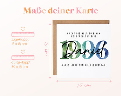 Personalisierte Geburtstagskarte Jahrgang 1996 – Maße der Klappkarte: geschlossen 15 × 15 cm