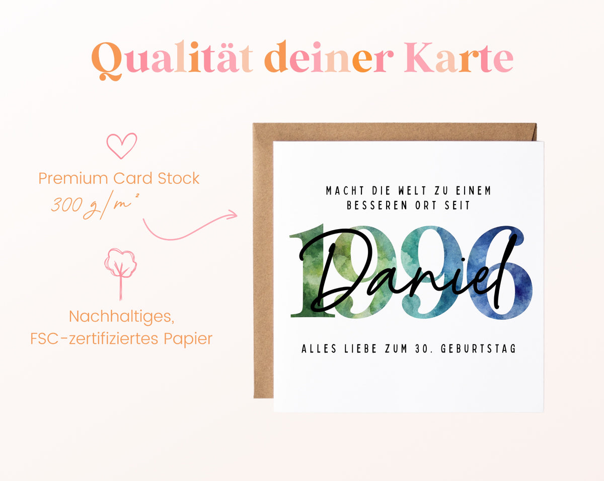 Personalisierte Geburtstagskarte Jahrgang 1996 – Kartenpapier mit 300 g/m²