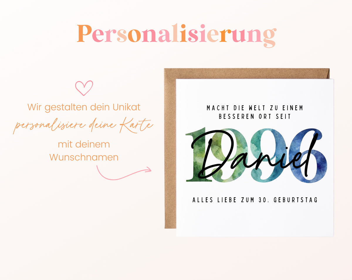 Personalisierte Geburtstagskarte Jahrgang 1996 – Beispiel der Namenspersonalisierung