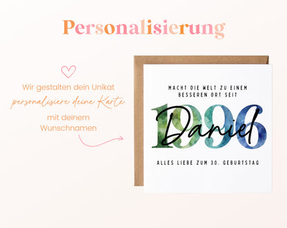 Personalisierte Geburtstagskarte Jahrgang 1996 – Beispiel der Namenspersonalisierung