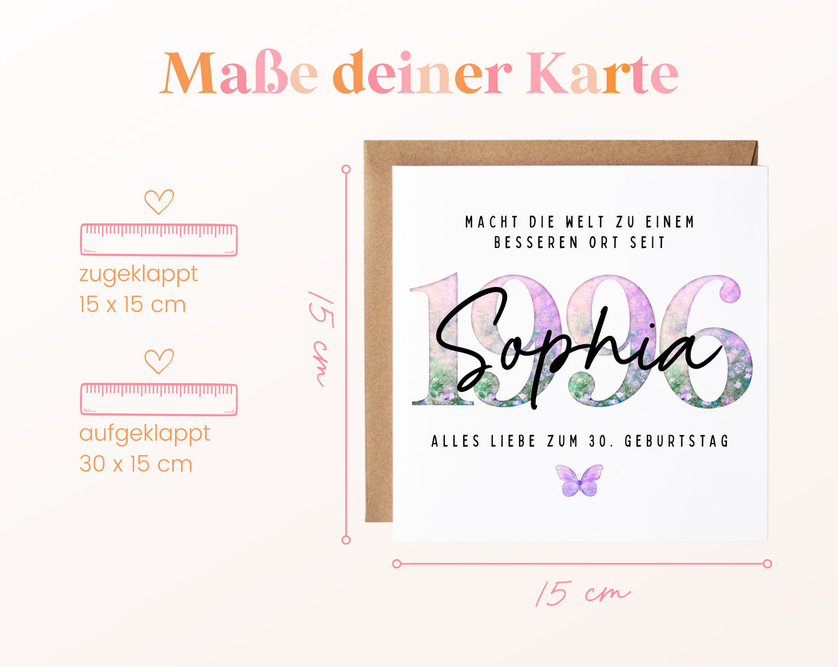 Personalisierte Geburtstagskarte Jahrgang 1996 – Maße der Klappkarte: geschlossen 15 × 15 cm