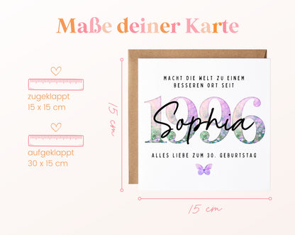 Personalisierte Geburtstagskarte Jahrgang 1996 – Maße der Klappkarte: geschlossen 15 × 15 cm