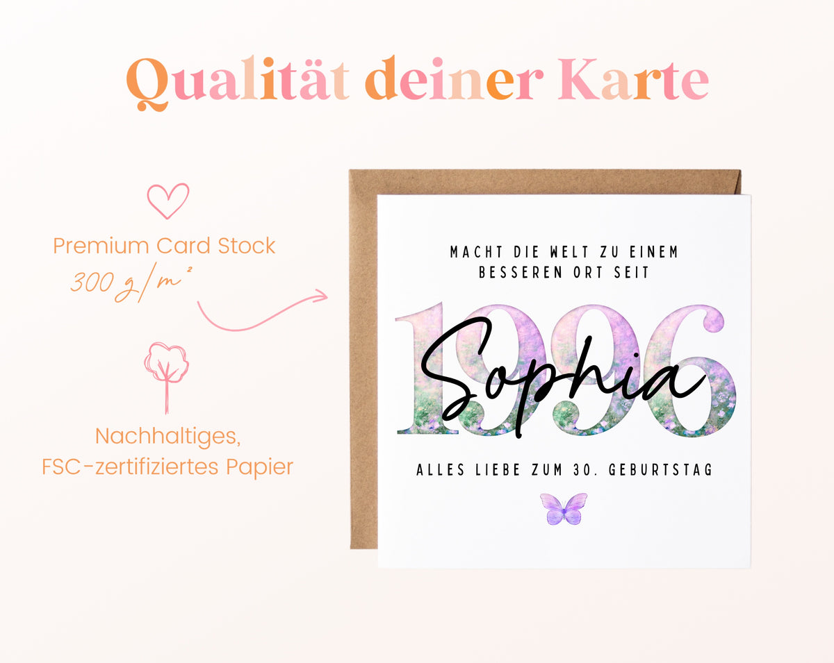 Personalisierte Geburtstagskarte Jahrgang 1996 – Kartenpapier mit 300 g/m²
