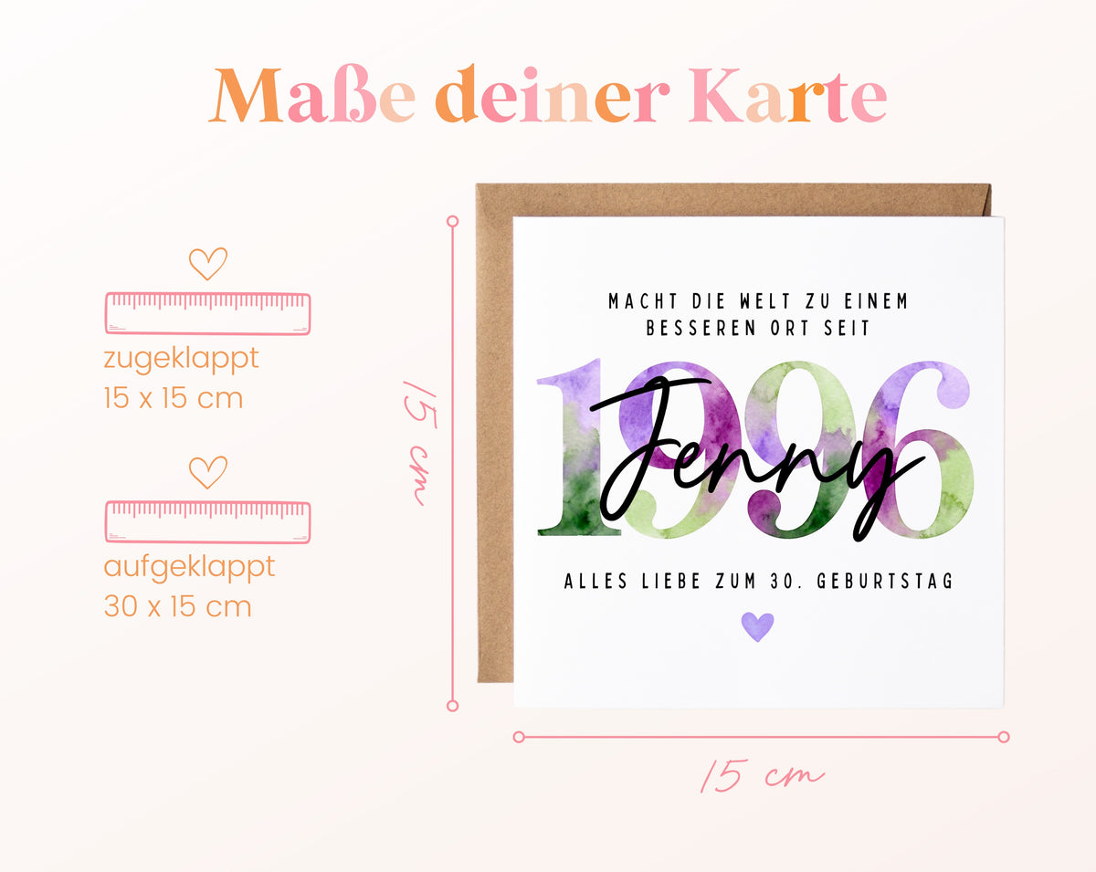 Personalisierte Geburtstagskarte Jahrgang 1996 – Maße der Klappkarte: geschlossen 15 × 15 cm