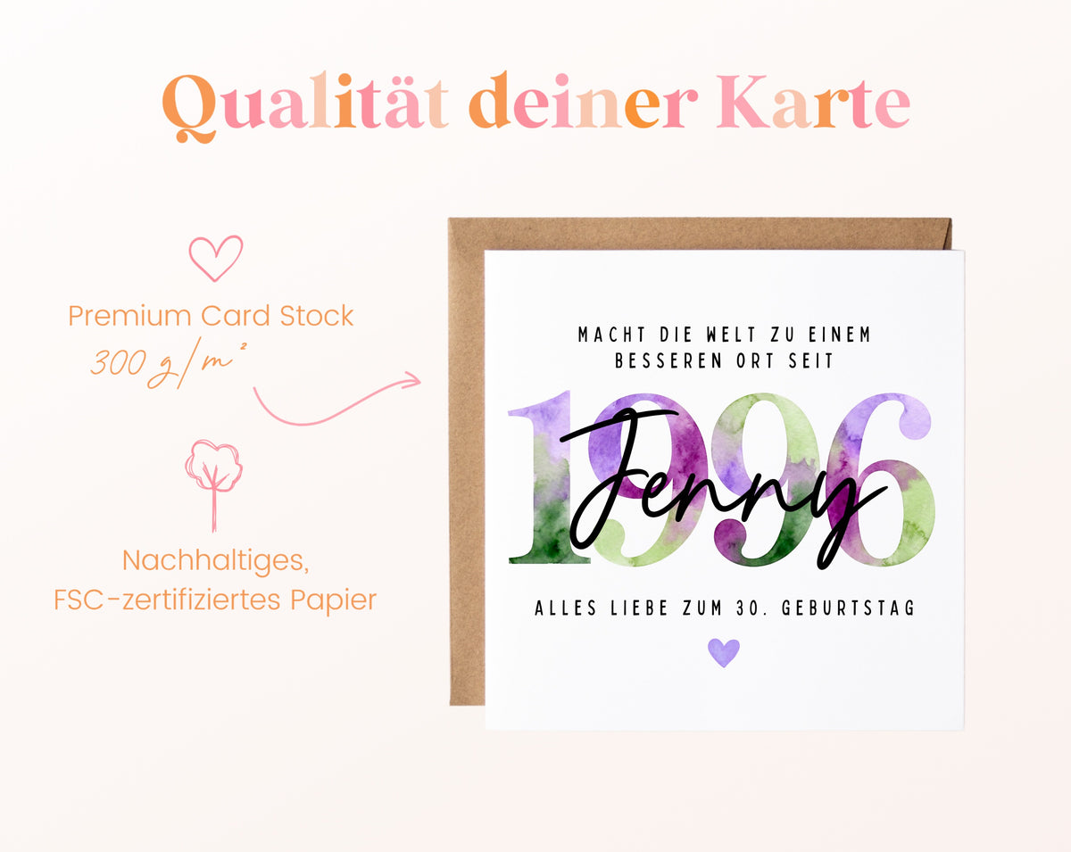 Personalisierte Geburtstagskarte Jahrgang 1996 – Kartenpapier mit 300 g/m²
