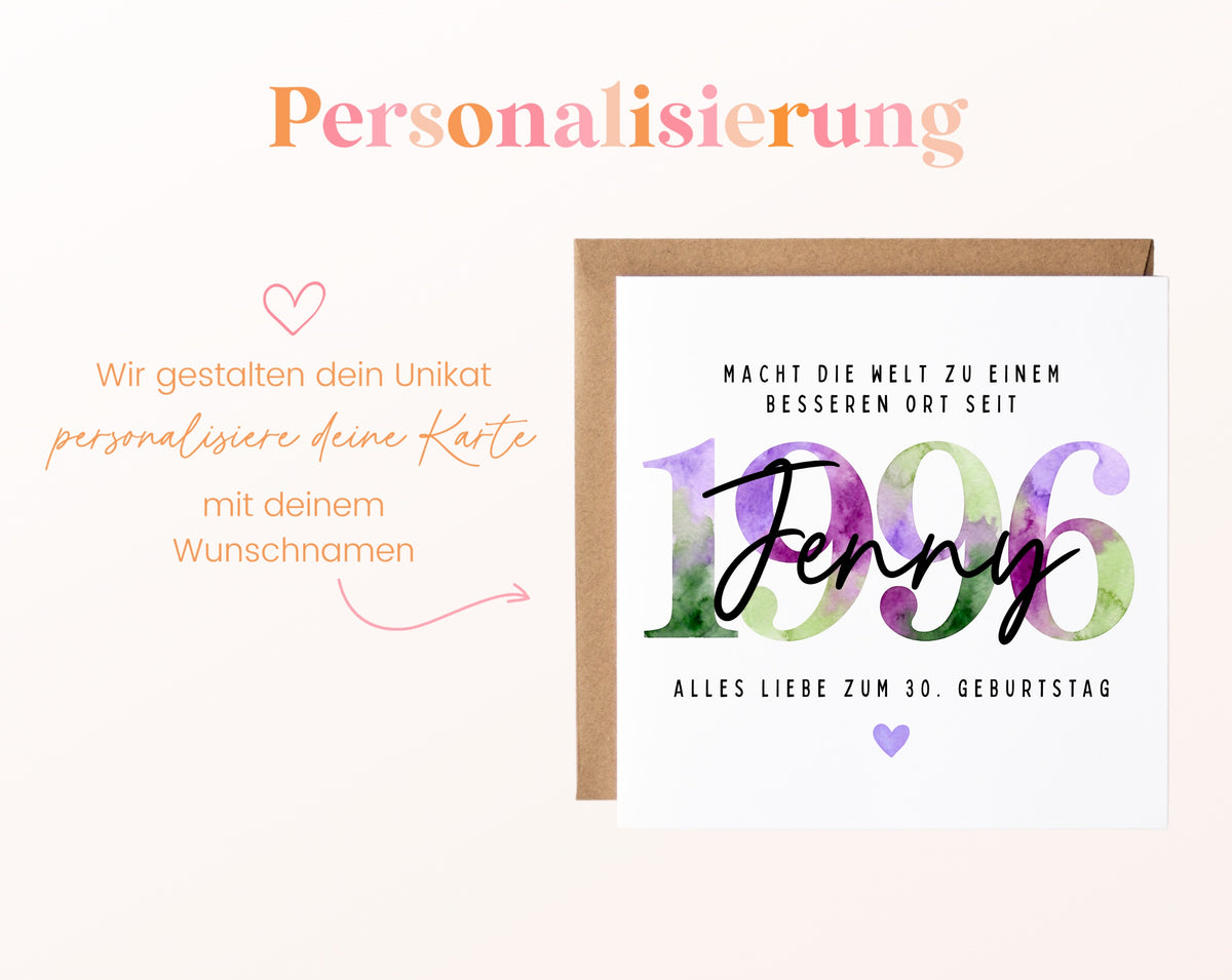 Personalisierte Geburtstagskarte Jahrgang 1996 – Beispiel der Namenspersonalisierung
