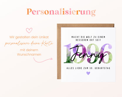 Personalisierte Geburtstagskarte Jahrgang 1996 – Beispiel der Namenspersonalisierung