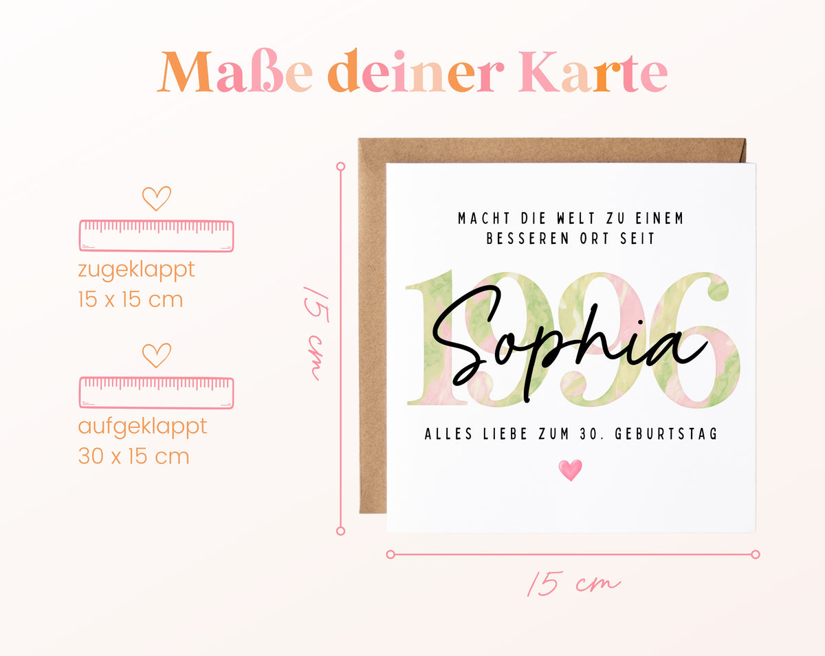 Personalisierte Geburtstagskarte Jahrgang 1996 – Maße der Klappkarte: geschlossen 15 × 15 cm