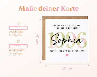 Personalisierte Geburtstagskarte Jahrgang 1996 – Maße der Klappkarte: geschlossen 15 × 15 cm