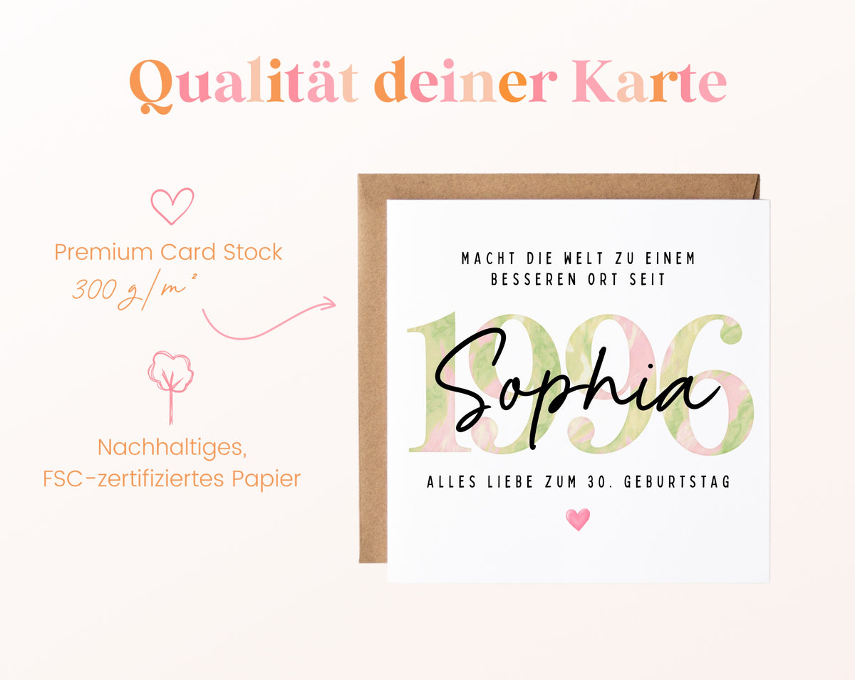 Personalisierte Geburtstagskarte Jahrgang 1996 – Kartenpapier mit 300 g/m²