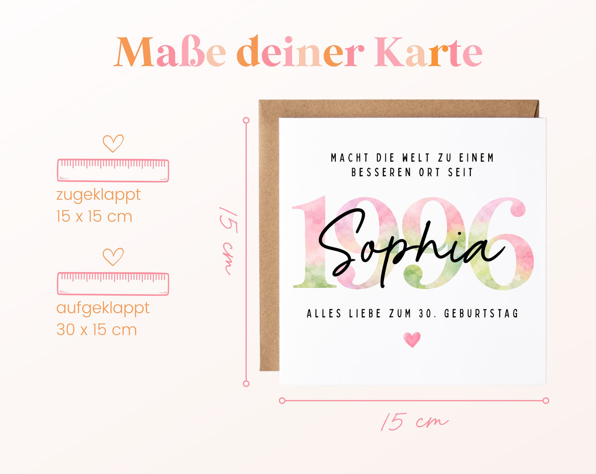 Personalisierte Geburtstagskarte Jahrgang 1996 – Maße der Klappkarte: geschlossen 15 × 15 cm