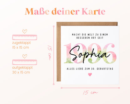 Personalisierte Geburtstagskarte Jahrgang 1996 – Maße der Klappkarte: geschlossen 15 × 15 cm