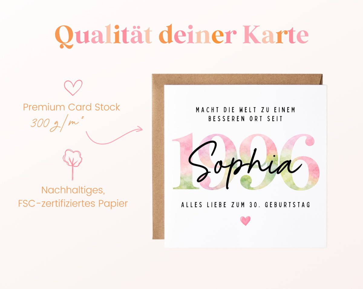 Personalisierte Geburtstagskarte Jahrgang 1996 – Kartenpapier mit 300 g/m²