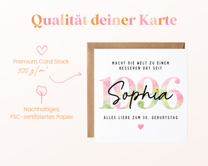 Personalisierte Geburtstagskarte Jahrgang 1996 – Kartenpapier mit 300 g/m²