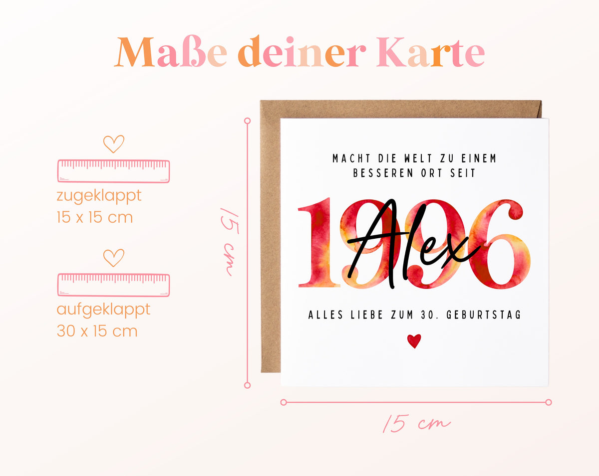 Personalisierte Geburtstagskarte Jahrgang 1996 – Maße der Klappkarte: geschlossen 15 × 15 cm