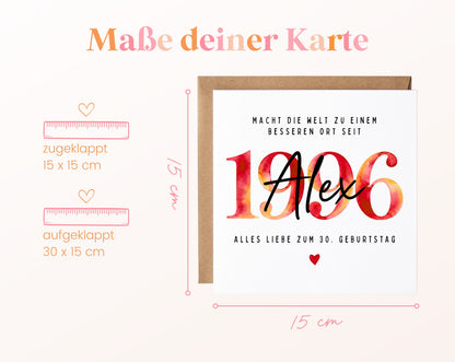 Personalisierte Geburtstagskarte Jahrgang 1996 – Maße der Klappkarte: geschlossen 15 × 15 cm