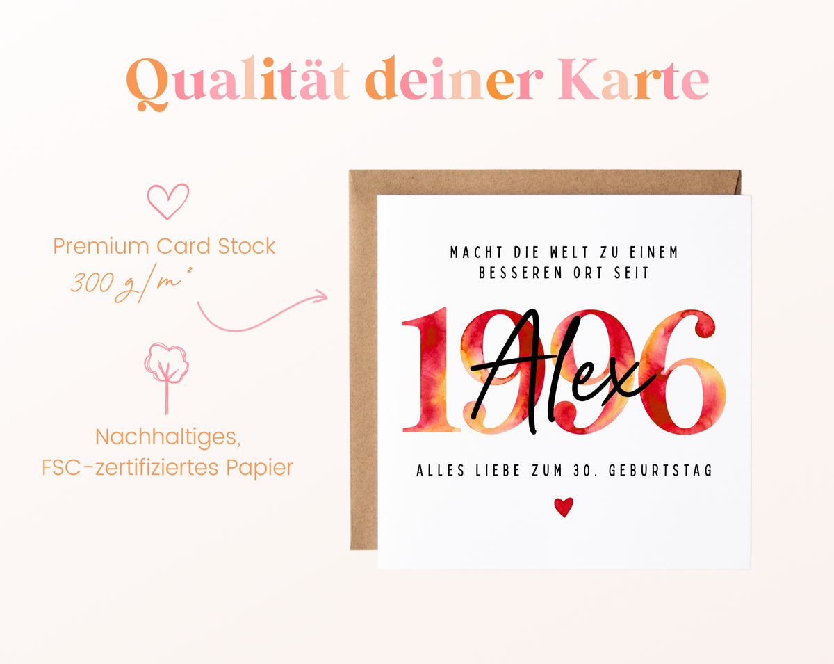 Personalisierte Geburtstagskarte Jahrgang 1996 – Kartenpapier mit 300 g/m²