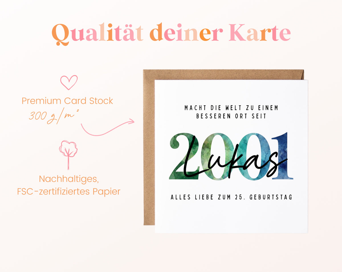 Personalisierte Geburtstagskarte Jahrgang 2001 – Kartenpapier mit 300 g/m²