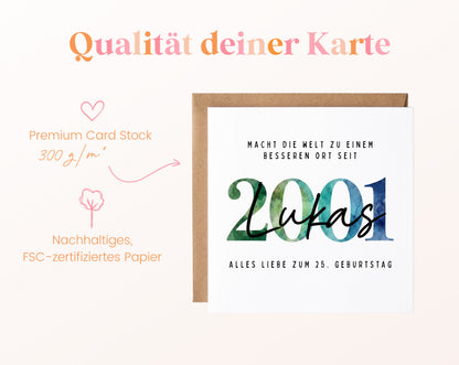 Personalisierte Geburtstagskarte Jahrgang 2001 – Kartenpapier mit 300 g/m²