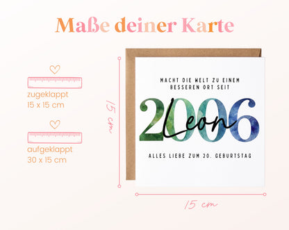 Personalisierte Geburtstagskarte Jahrgang 2006 – Maße der Klappkarte: geschlossen 15 × 15 cm