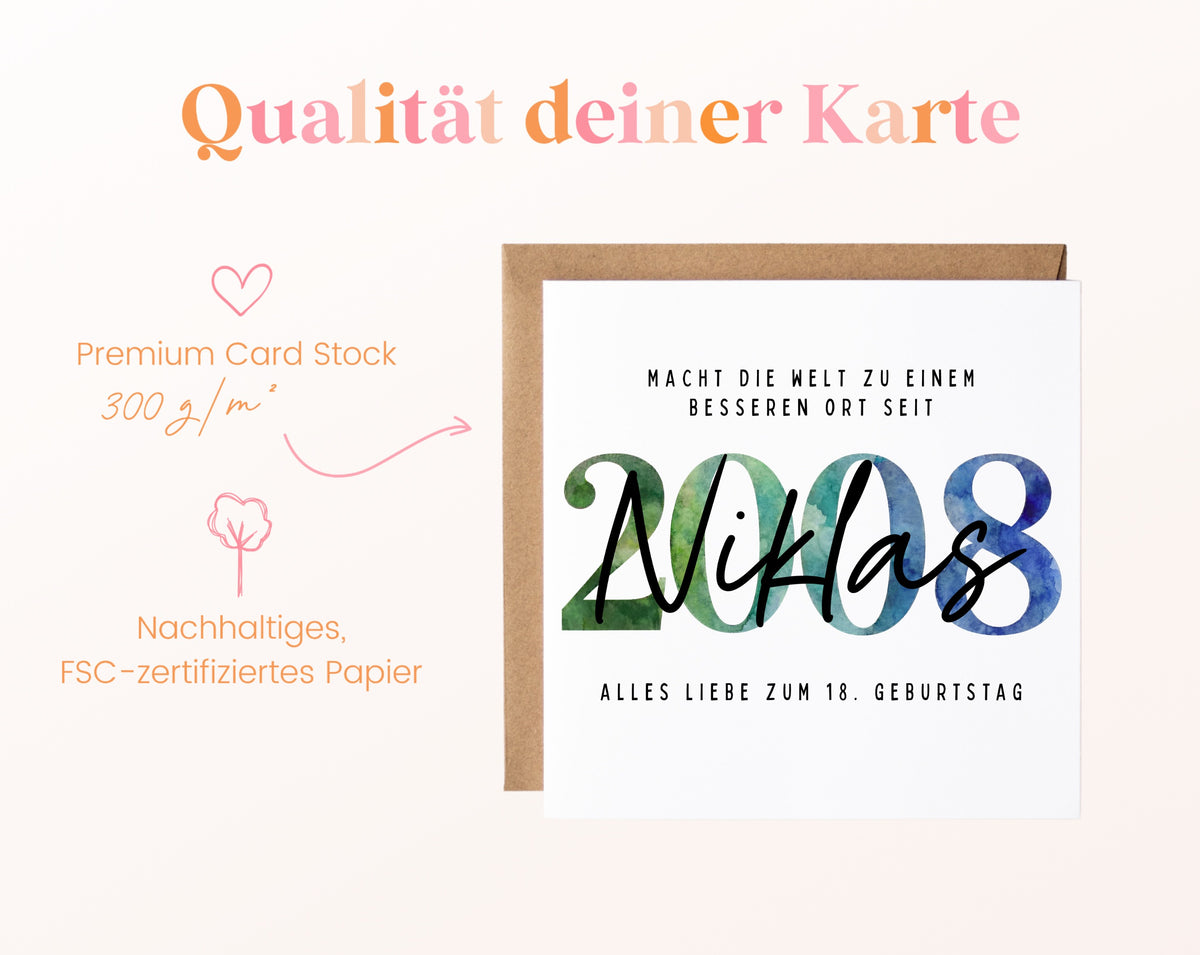 Personalisierte Geburtstagskarte Jahrgang 2008 – Kartenpapier mit 300 g/m²