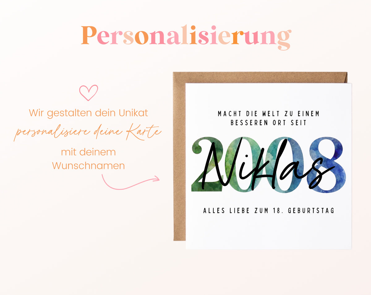 Personalisierte Geburtstagskarte Jahrgang 2008 – Beispiel der Namenspersonalisierung