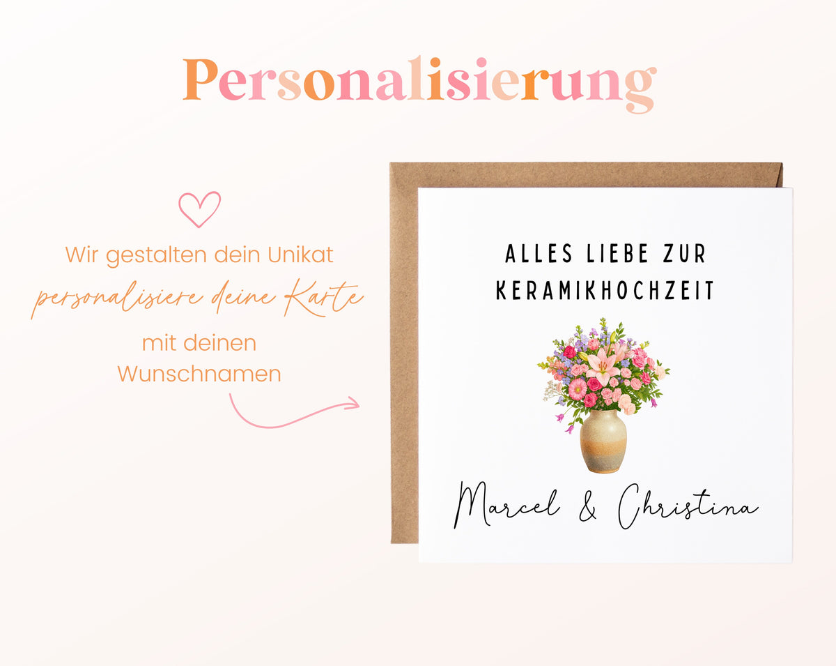 Blumenvase-Karte zur Keramikhochzeit – Personalisierung mit Beispielnamen